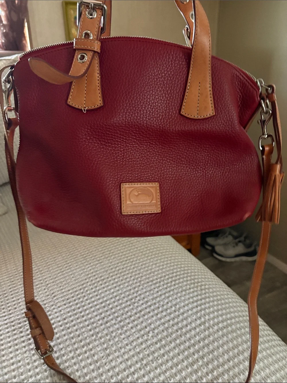 Women's Red Leather Satchel with Tan Trim